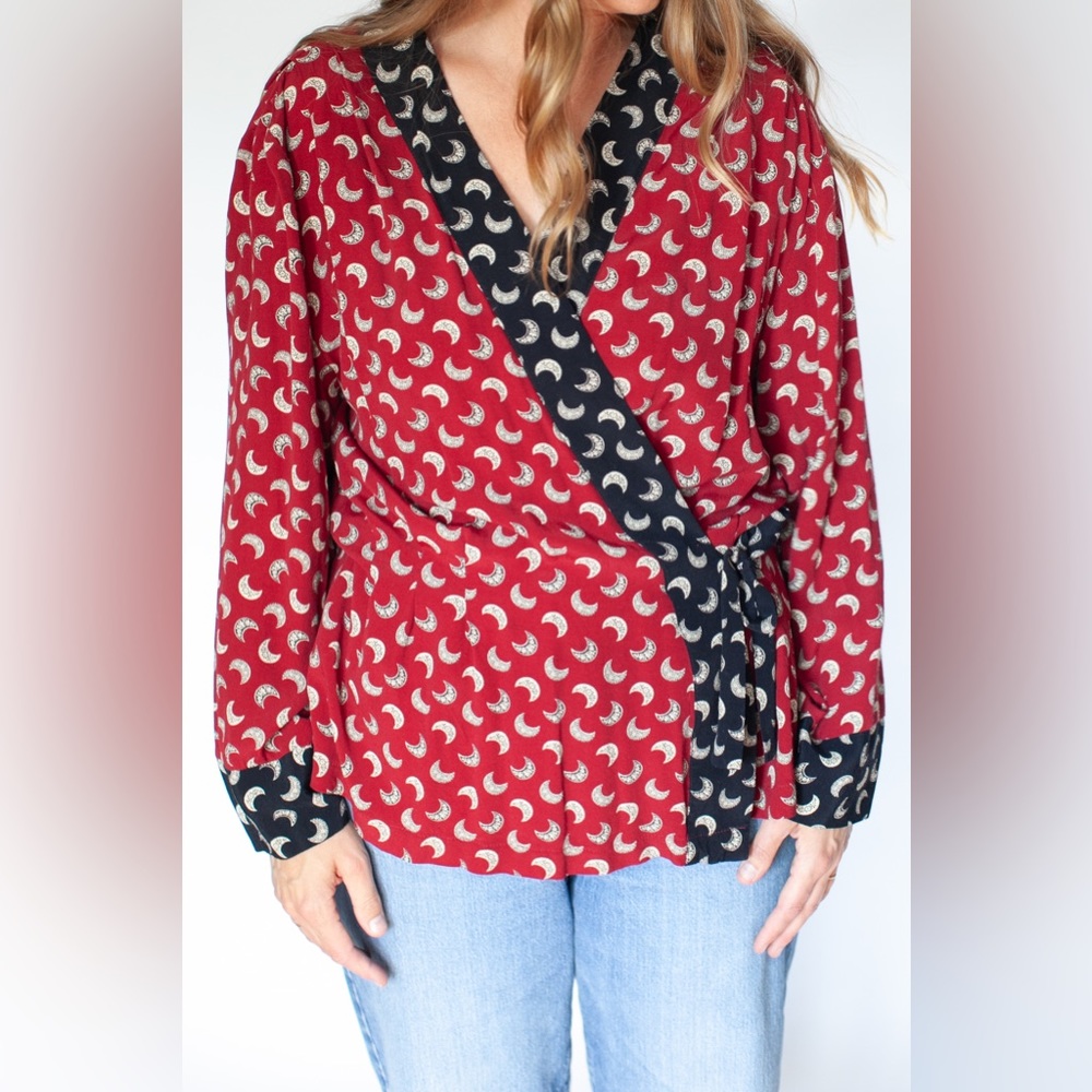 Suttles & Seawinds red black wrap blouse | top | moon | made in Nova Scotia